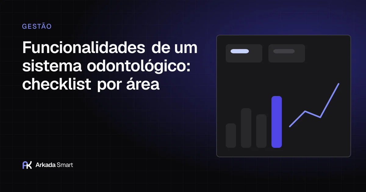 Capa do artigo «Funcionalidades de um sistema odontológico: checklist por área», com ilustração abstrata em índigo e grafite